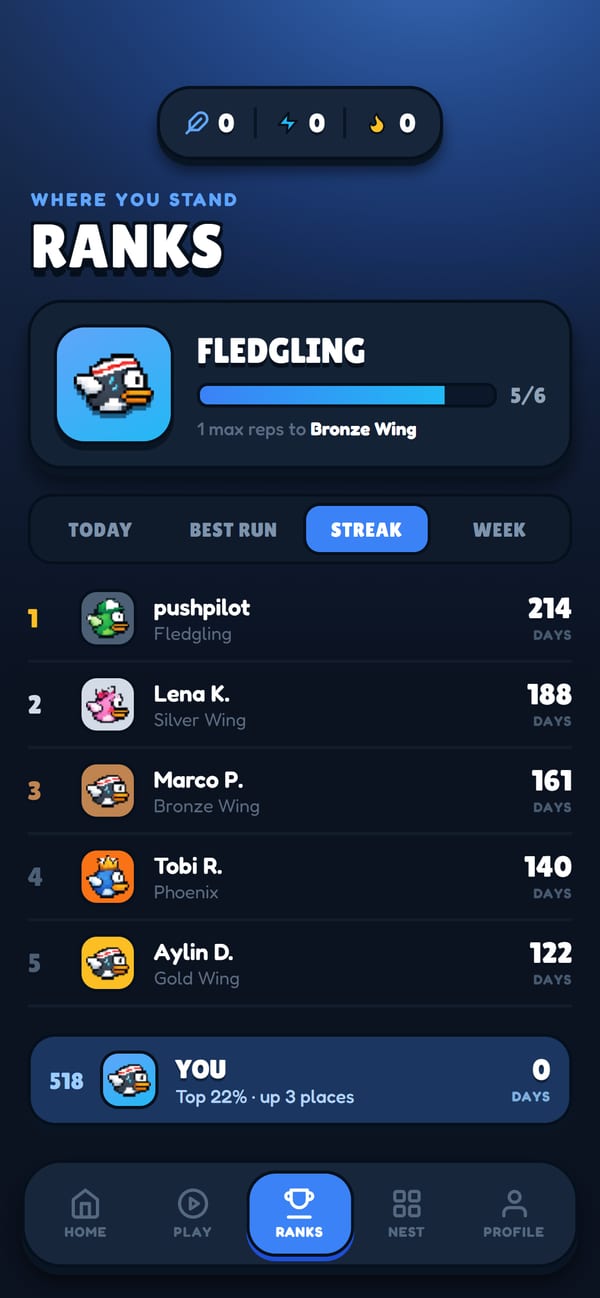 Ranks: Wing Rank progress and the streak leaderboard